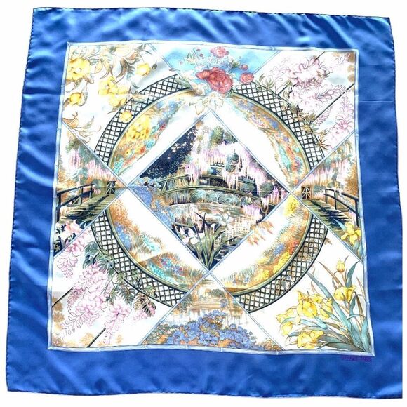 Herme's Claude Monet Giverny Garden Blue Pink Silk Scarf 35" square 1989 NIB - Picture 2 of 16